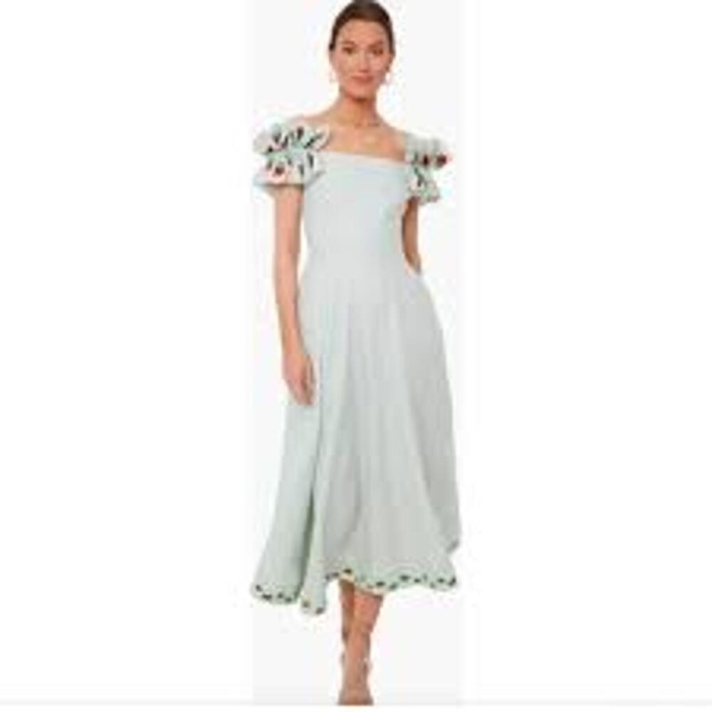 Fanm Mon Light Mint Green Midi Dress with Floral Trim
